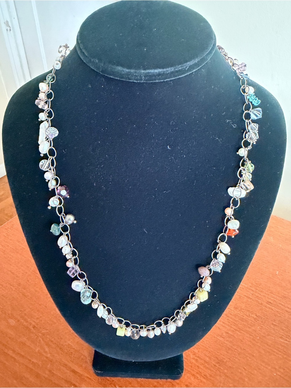 Handmade Artisan Mixed Gemstone Pearl Charm Long Necklace